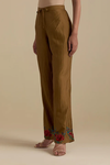Olive Silk Straight Pants