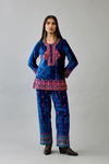 Blue Silk Velvet Embroidered Short Top Paired With Blue Silk Velvet Straight Pants 