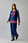 Blue Silk Velvet Embroidered Short Top Paired With Blue Silk Velvet Straight Pants 
