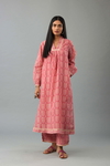 Pink Hand Block Printed Easy Fit Silk-Chanderi Kurta, Paired With Pink Hand Block Printed Cotton Straight Pants