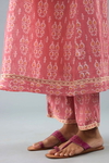 Pink Hand Block Printed Easy Fit Silk-Chanderi Kurta, Paired With Pink Hand Block Printed Cotton Straight Pants