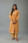 Mustard Yellow Hand Block Printed Easy Fit Silk-Chanderi Kurta, Paired With Mustard Yellow Hand Block Printed Cotton Straight Pants