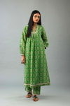 Green Hand Block Printed Easy Fit Silk-Chanderi Kurta, Paired With Green Hand Block Printed Cotton Straight Pants