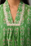 Green Hand Block Printed Easy Fit Silk-Chanderi Kurta