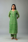 Green Hand Block Printed Straight Silk Chanderi Kurta Set