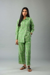 Green Hand Block Printed Full Sleeve Cotton Shirt, Paired Green Hand Block Printed Cotton Straight Pants