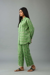 Green Hand Block Printed Full Sleeve Cotton Shirt, Paired Green Hand Block Printed Cotton Straight Pants