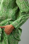 Green Hand Block Printed Full Sleeve Cotton Shirt, Paired Green Hand Block Printed Cotton Straight Pants