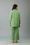 Green Hand Block Printed Full Sleeve Cotton Shirt, Paired Green Hand Block Printed Cotton Straight Pants