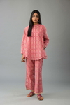 Pink Hand-Block Printed Easy Fit Full Sleeved A-Line Silk-Chanderi Shirt, Paired With Pink Hand Block Printed Silk-Chanderi Straight Pants 