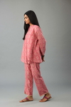 Pink Hand-Block Printed Easy Fit Full Sleeved A-Line Silk-Chanderi Shirt, Paired With Pink Hand Block Printed Silk-Chanderi Straight Pants 