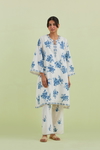 Blue And Off-White Cotton A-Line Short Kurta Set