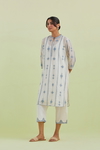 Blue And Off-White Silk Chanderi Straight Short Kurta With Pant