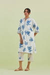 Blue And Off-White Cotton Easy Fit Short Kurta With Pant