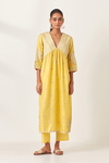 Yellow Silk Kurta Dress With Yellow Silk Straight Pants