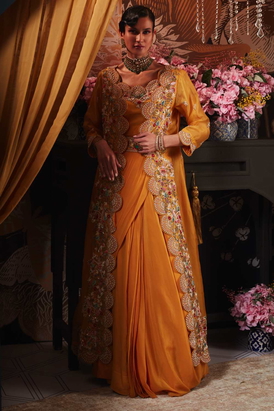 Yellow Drape Sari Set With Jacket