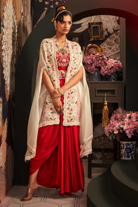Red Cape Set With Drape Skirt
