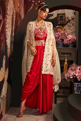 Red Cape Set With Drape Skirt