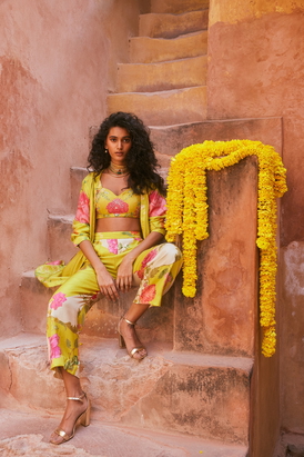 Lime Yellow Printed Jacket Set