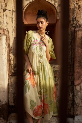 Green And Ivory Printed Maxi Dress
