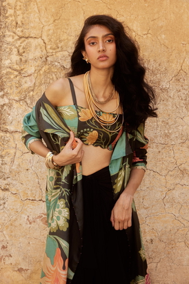 Black Printed Blouse & Jacket Set