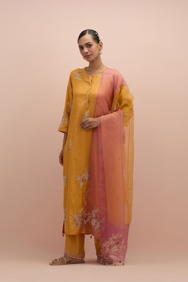 Amber & Salmon Pink Silk Organza Narrow Dupatta