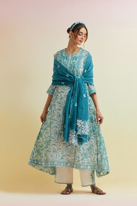 Tropical Teal Cotton Chanderi Dupatta
