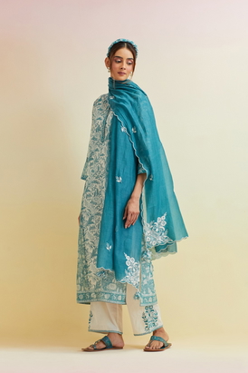 Tropical Teal Cotton Chanderi Dupatta