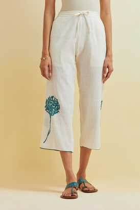 Off White Cotton Straight Ankle Length Pant