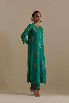 Persian Green Silk Straight Kurta With Straight Pants