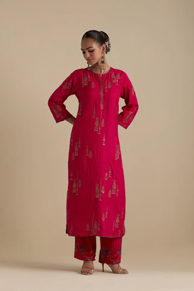 Fuchsia Silk Straight Kurta With Straight Pants