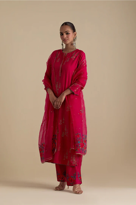 Fuchsia Silk Straight Kurta Set