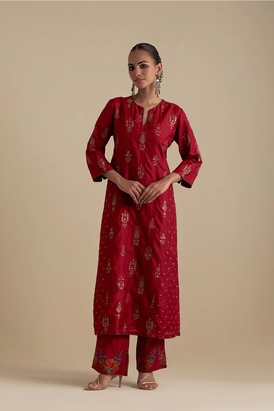 Barn Red Silk Straight Kurta With Straight Pants