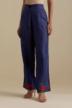 Blue Silk Straight Pants