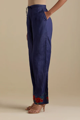Blue Silk Straight Pants