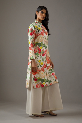 Chanderi Silk Ivory Floral Printed Tunic Set 