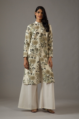 Chanderi Silk Front Open Printed Tunic Set 