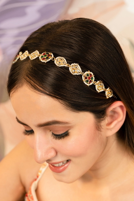 Gold Plated Hair Band for Women with Pearls and Polki 