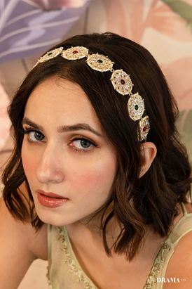 Gold Plated Floral Hair Band with White Polki and Colorful Stones 