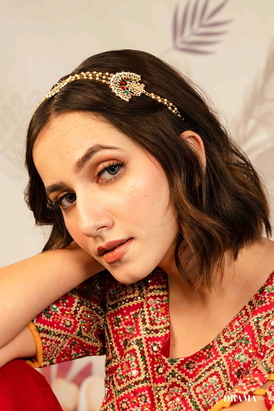 Gold Plated Hair Band with White and Gold Polki and Colorful Stones 