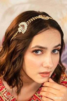 Gold Plated Hair Band with White and Gold Polki and Colorful Stones 