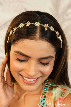 Mint Green Gold Plated Hair Band with White Polki and Transparent Stones