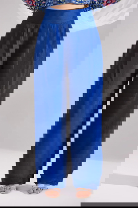 Royal Blue Pleated Straight Silk Pants