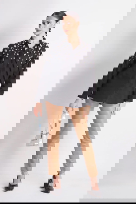 Black Shirt With White Crystal Embroidery