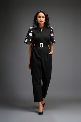 White Embroidered Sleeves Jumpsuit With Belt