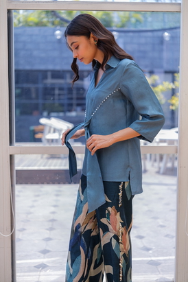 Silk Tie Top Set- Cobalt & Floral