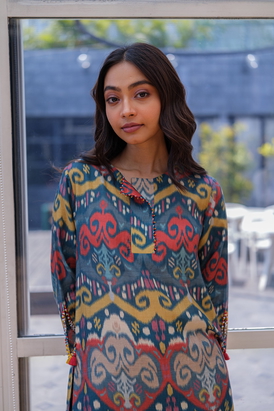 Ikat Kurta Set- Multi Blue