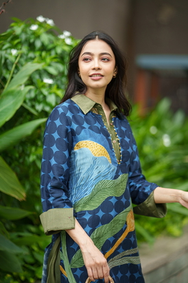 2Pc Dahlia Kurta - Olive Blue Pl