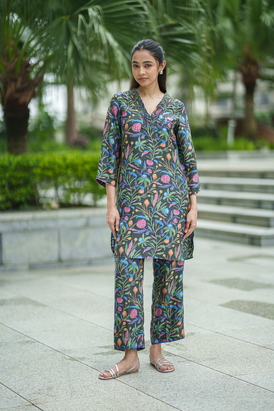 2Pc Rose Kurta Set - Black Jaal