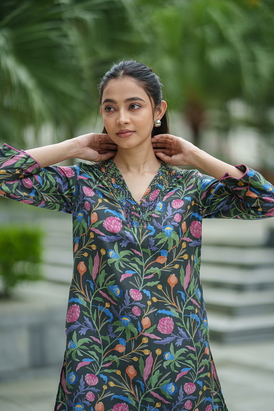 2Pc Rose Kurta Set - Black Jaal
